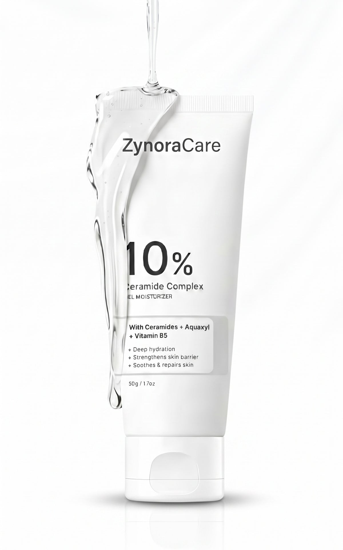 ZynoraCare 10% Ceramide Complex Gel Moisturizer in a white squeeze tube, shown with a clear liquid droplet dripping down the front against a white background.