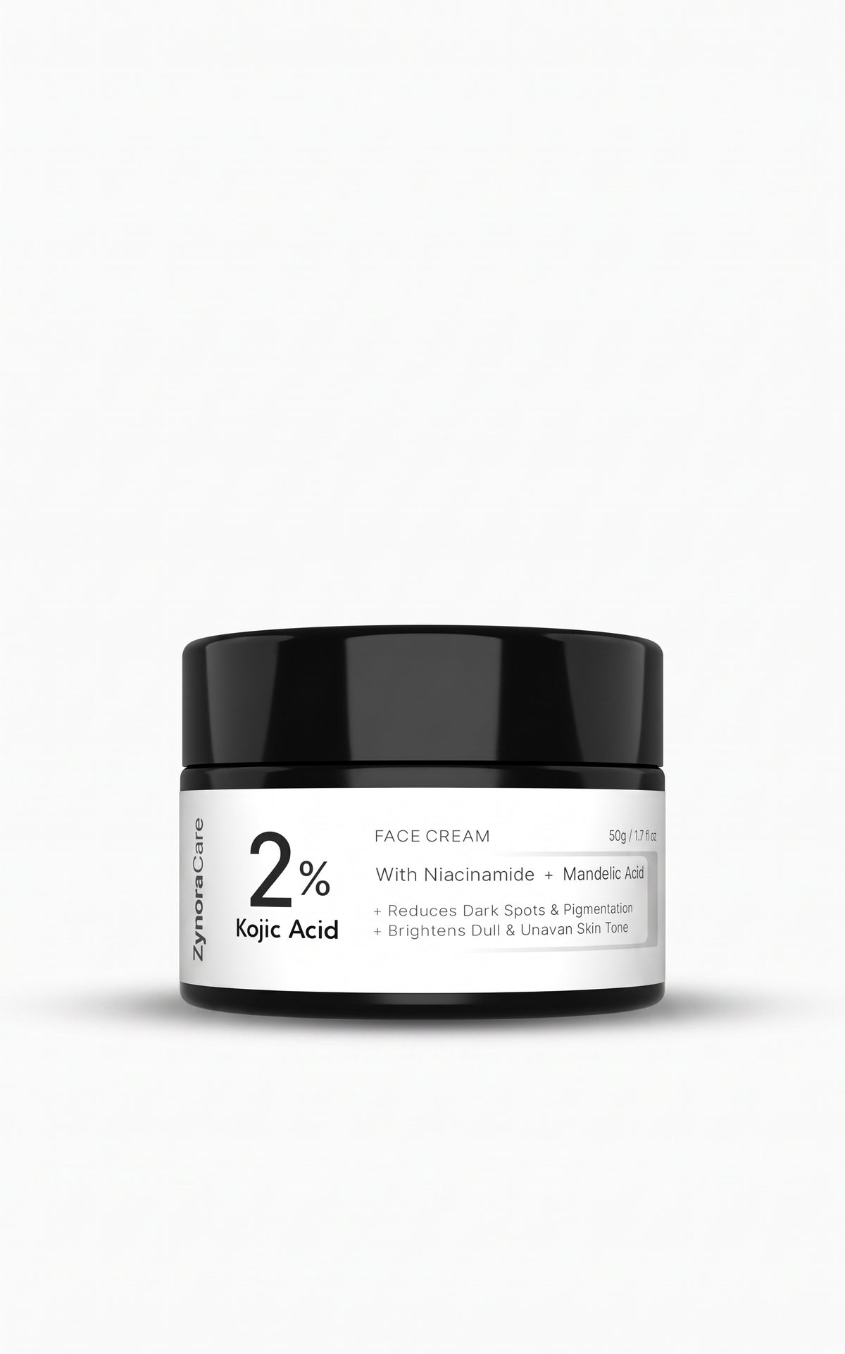 A black jar of ZynoreCare 2% Kojic Acid Face Cream with a white label, centered on a light gray background.