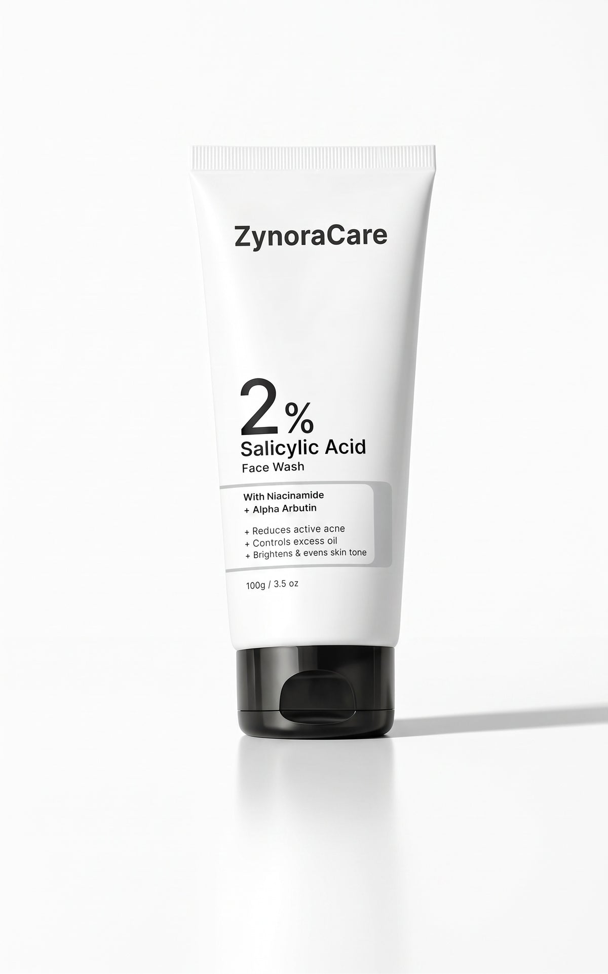 ZynoraCare 2% Salicylic Acid Face Wash in a white squeeze tube with a black cap, shown on a clean white background with a soft shadow.