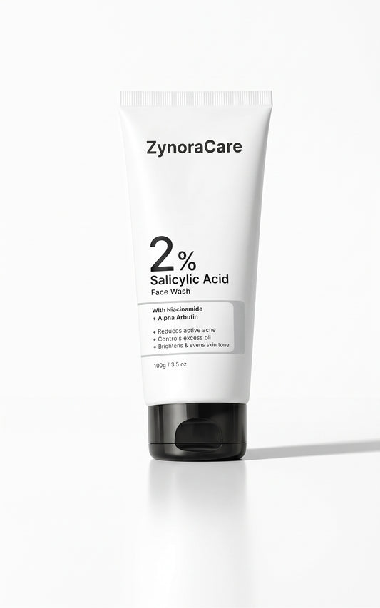 ZynoraCare 2% Salicylic Acid Face Wash in a white squeeze tube with a black cap, shown on a clean white background with a soft shadow.