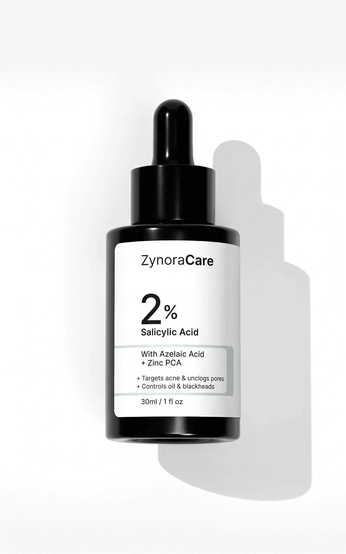 ZynoraCare 2% Salicylic Acid skincare serum in a black dropper bottle with a white label, set against a clean white background with a soft shadow.